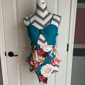 Teal and floral one piece